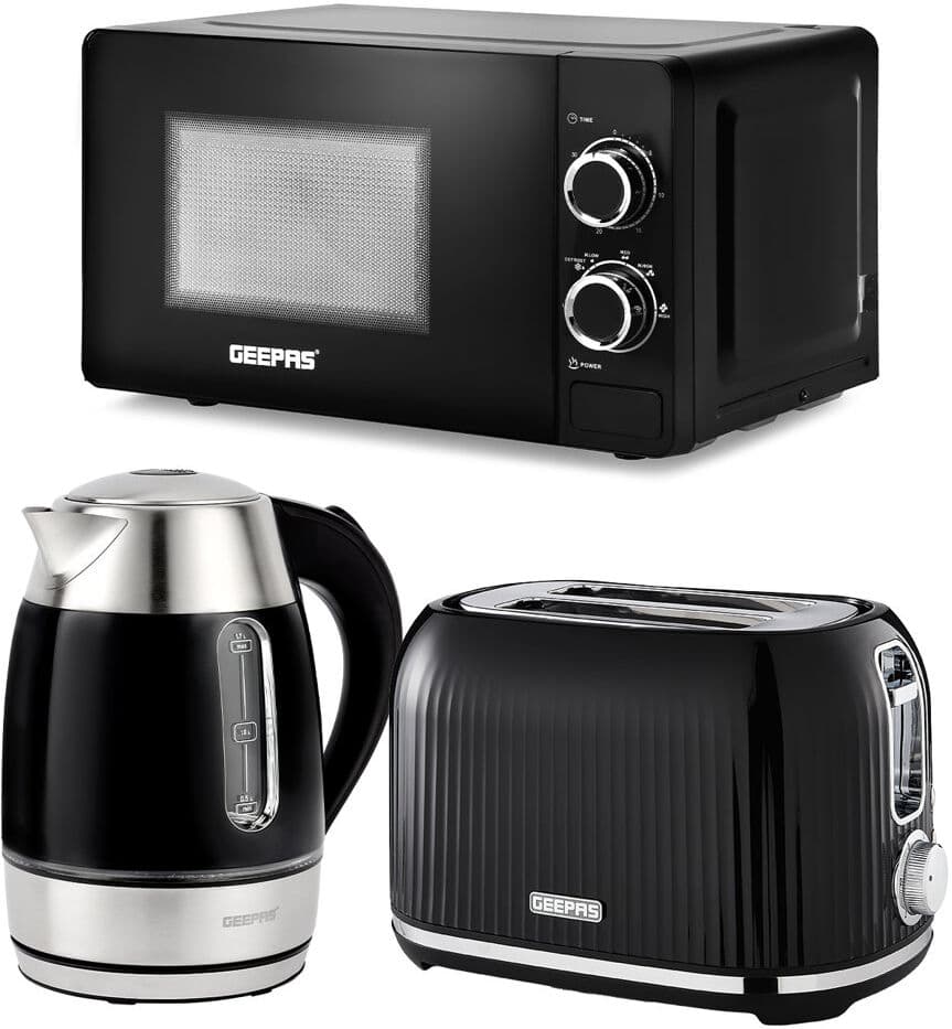 GEEPAS 3 Piece Kitchen Appliance Set – 1.7L Electric Kettle with LED Light, 2 Slice Toaster with 7 Browning Levels (1000W) & 20L Microwave Oven, 700W Black 2 - Slice