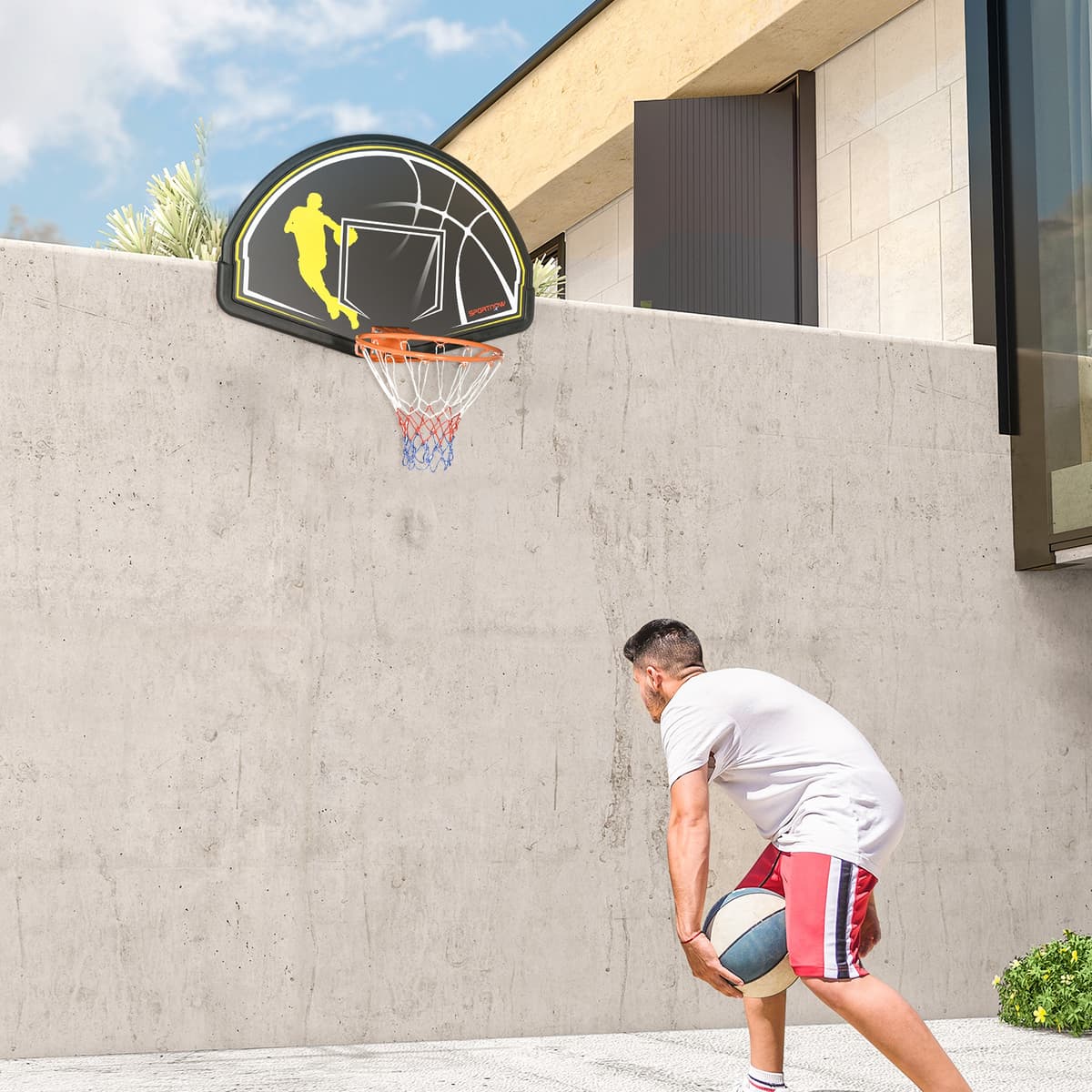 Sportnow Canestro Basket per Bambini e Adulti da Indoor e Outdoor in Acciaio e PE, 110x90x70 cm, Nero e Giallo Aosom