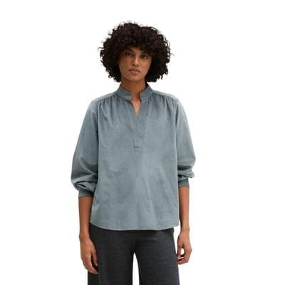 Langarmbluse MARC O'POLO "aus Organic-Cotton-Viskose-Mix", Damen, Gr. 44, grau (foggy blau), Obermaterial: 79% Baumwolle, 21% Lyocell, unifarben, relaxed fit normal, Doppelmanschette, Blusen