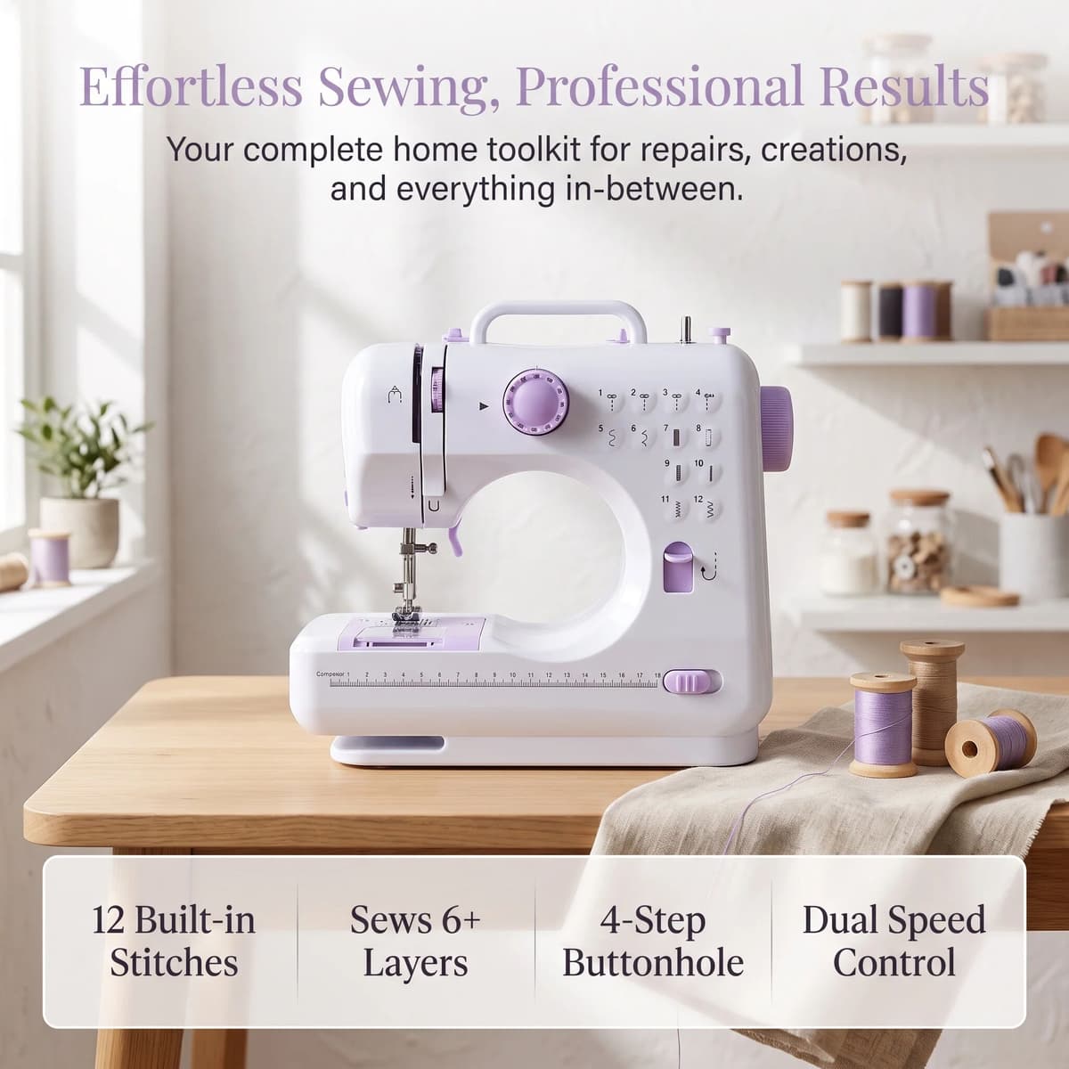 NONE Portable Mini Electric Sewing Machine for Beginners 12 Stitches Foot Pedal Night Light Speed Control for DIY Home Sewing Mending