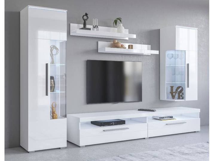 Wohnwand GOODPRODUCT India,Breite 245cm moderne Mediawand ohne Beleuchtung , weiss (weiß, weiß hochglanz), B:245cm, ABS-Kunststoff, Glas, Holzwerkstoff, Kunststoff, Metall, Kastenmöbel-Sets, Wohnwand, Anbauwand (Set,5-St, 1xVitrine,1xHängevitrine,1TV-Schrank,2xWandregal)