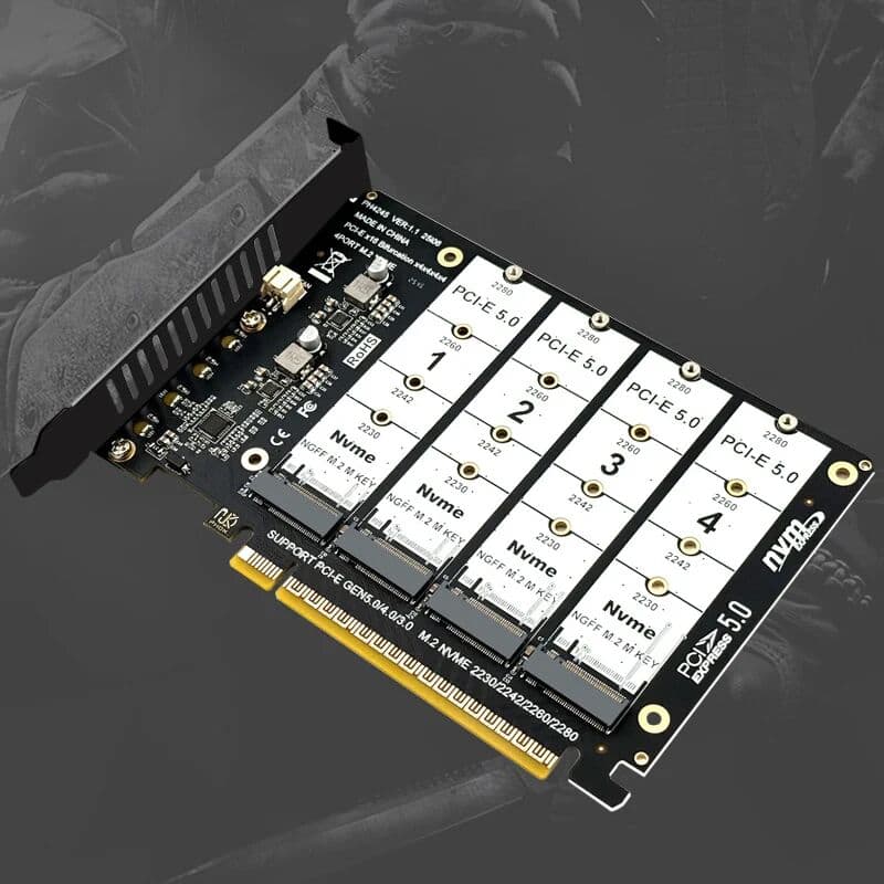 h1111z PCIE5.0 X16 to 4 Port NVME Adapter Bifurcation Card PCI-E GEN5 16X to 4 * 128Gbps Raid Card for 2230 2242 2260 2280 M.2 NVME SSD