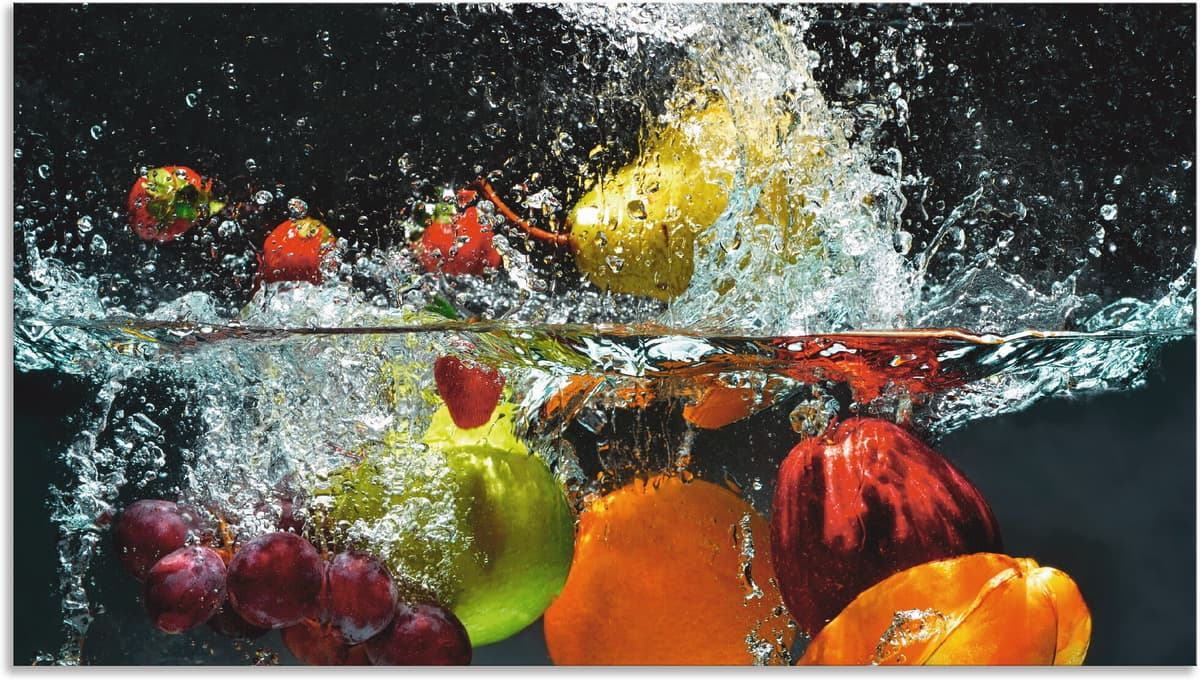 Küchenrückwand ARTLAND "Spritzendes Obst auf dem Wasser", bunt, B:90cm H:50cm, Aluminium, Spritzschutzwände, Küchenrückwand, Alu Spritzschutz mit Klebeband, einfache Montage bunt B/H: 90cm x 50cm