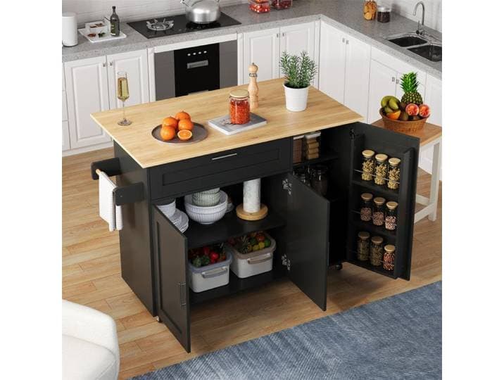 Îlot de cuisine - Table mobile 132 5 cm - Plateau rabattable extensible - Finition chêne - 5 roulettes (2 freins)