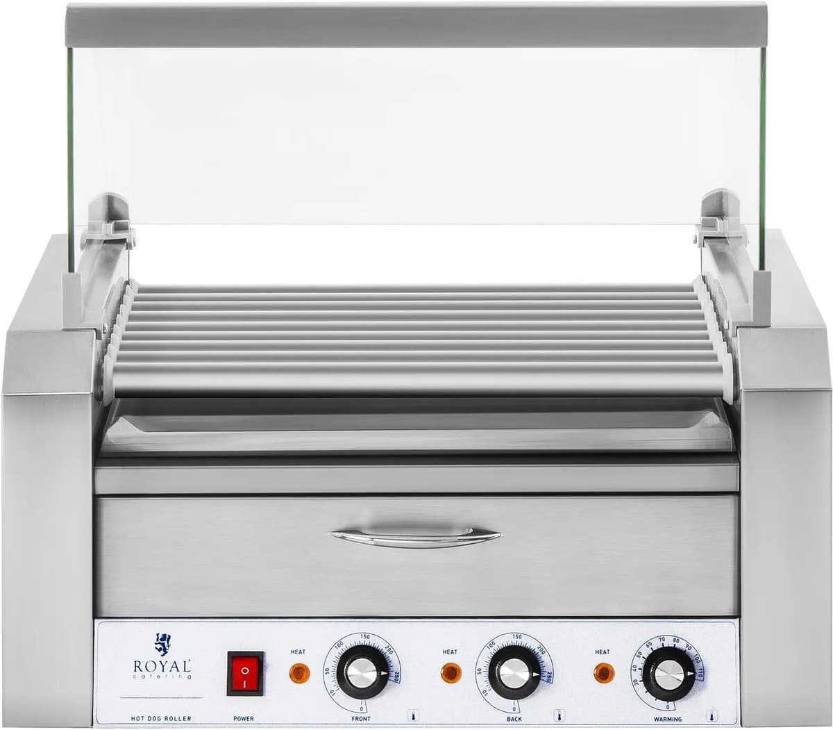 Royal Catering Hot-dog -grilli - 9 rullaa - lämpölokero - ruostumaton teräs RCHG-9WO