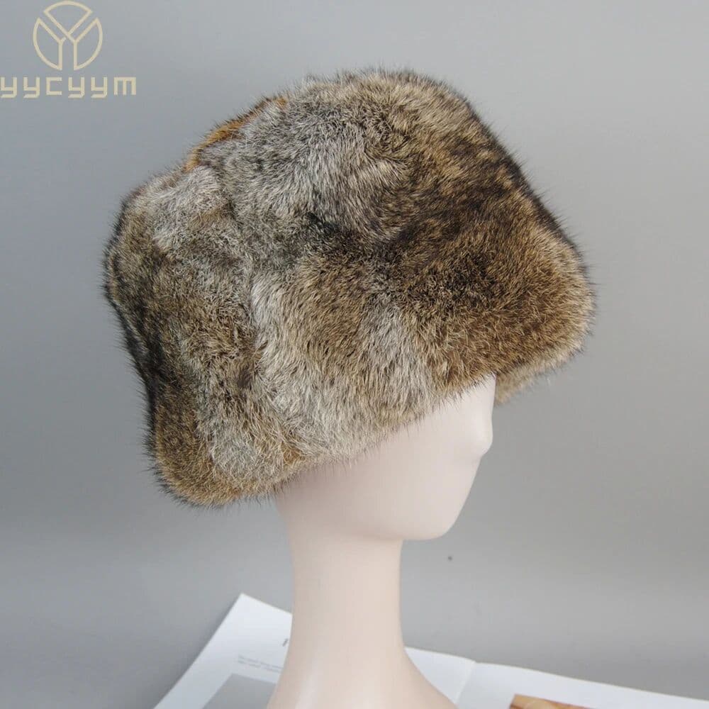 yycyym Rabbit Fur Cap Man Winter Genuine 100% Fur Bomber Hat Windproof Warm Earmuff Male Flat Outdoor Warm Russian Hat Fitted Casquette