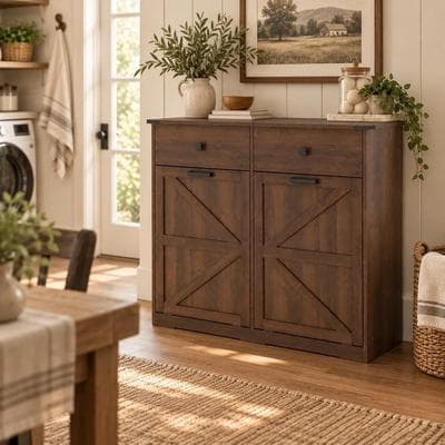 Homy Casa Farmhouse Double Tilt-Out Trash Cabinet, 20/10 G Recycling Bin, Barn Door Laundry Sorter with Drawer, Kitchen Tilt Out