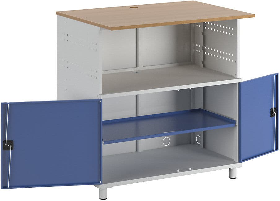 PC-Tisch, mit durchgehendem Fachboden, lichtgrau RAL 7035 / enzianblau RAL 5010 RAU