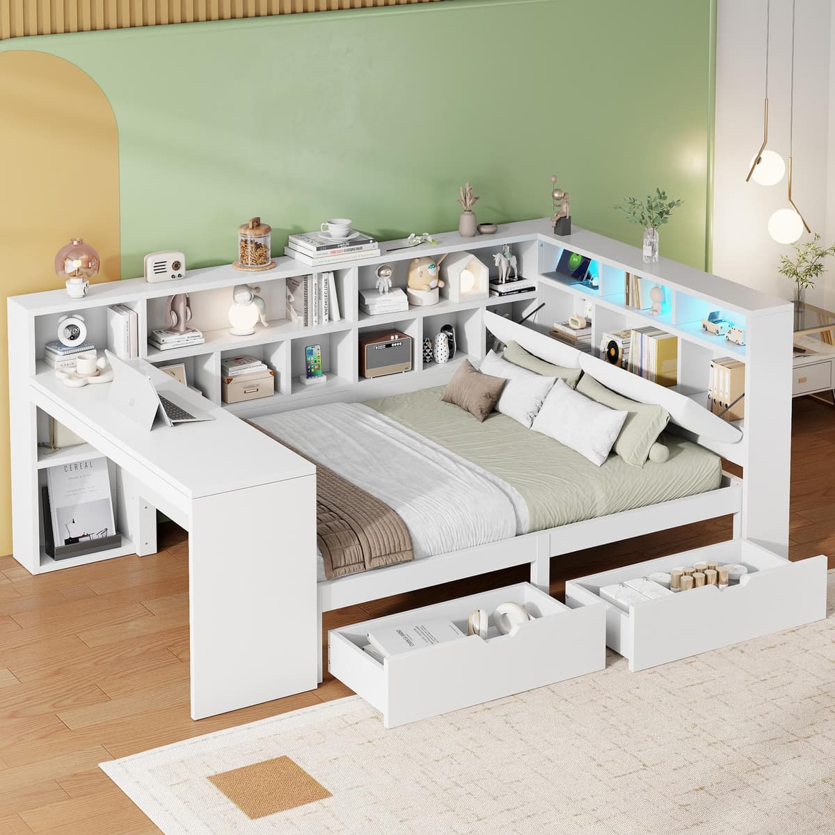 okwish Plattformbett 140x200 Kinderbett Holzbett mit Integrierter Schreibtisch,Tagesbett mit integrierte LED-Beleuchtung,Jugendbett mit Schubladen,Weiß(ohne Matratze)