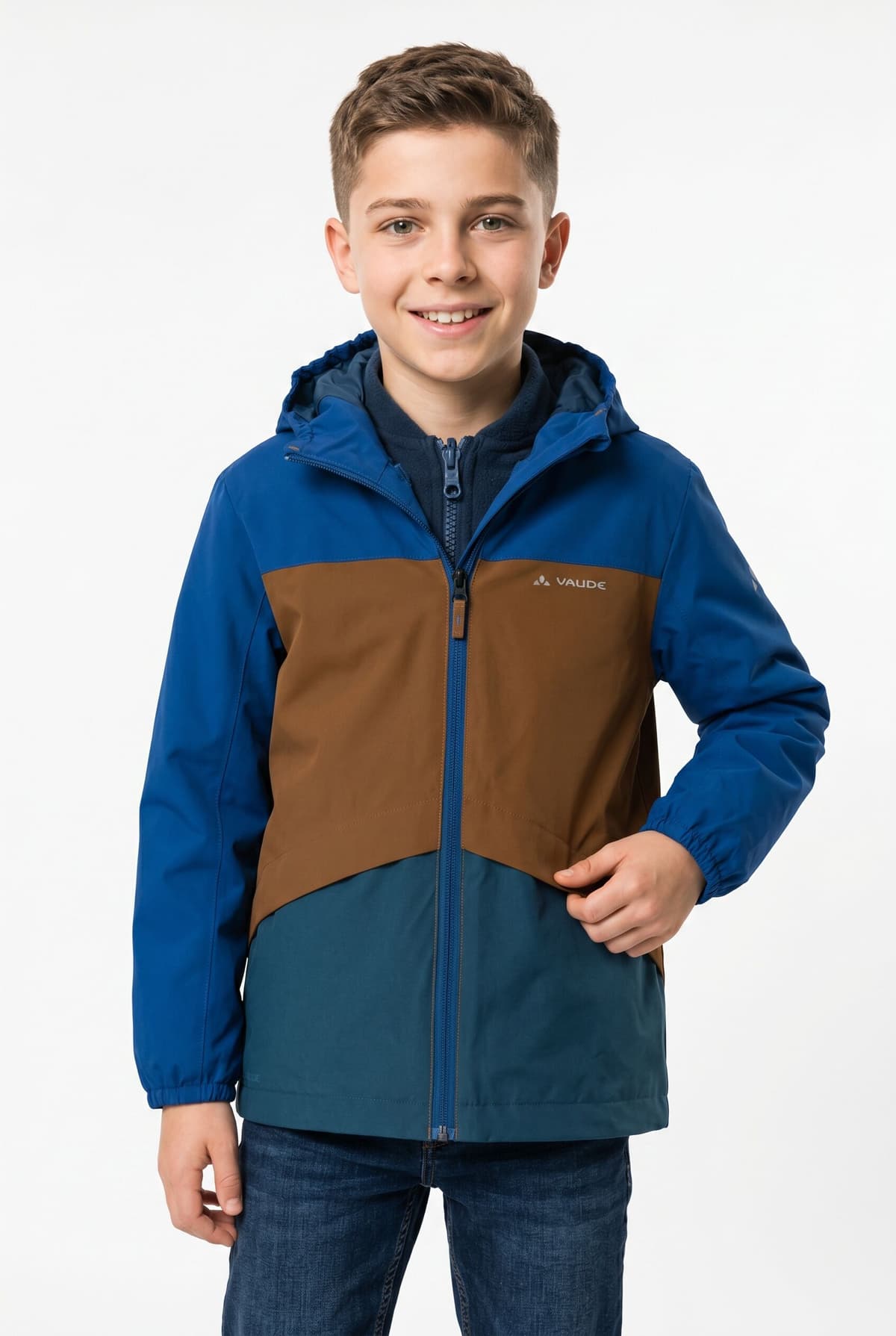 3-in-1-Funktionsjacke VAUDE "KIDS ESCAPE 3IN1 JACKET", Jungen, Gr. 134/140, bunt (everest blau), Web, Obermaterial: 100% Polyester. Futter: 100% Polyamid, hoch geschlossener Ausschnitt, Raglanärmel elastischer Bund, Jacken 3-in-1-Funktionsjacke, wasserdic