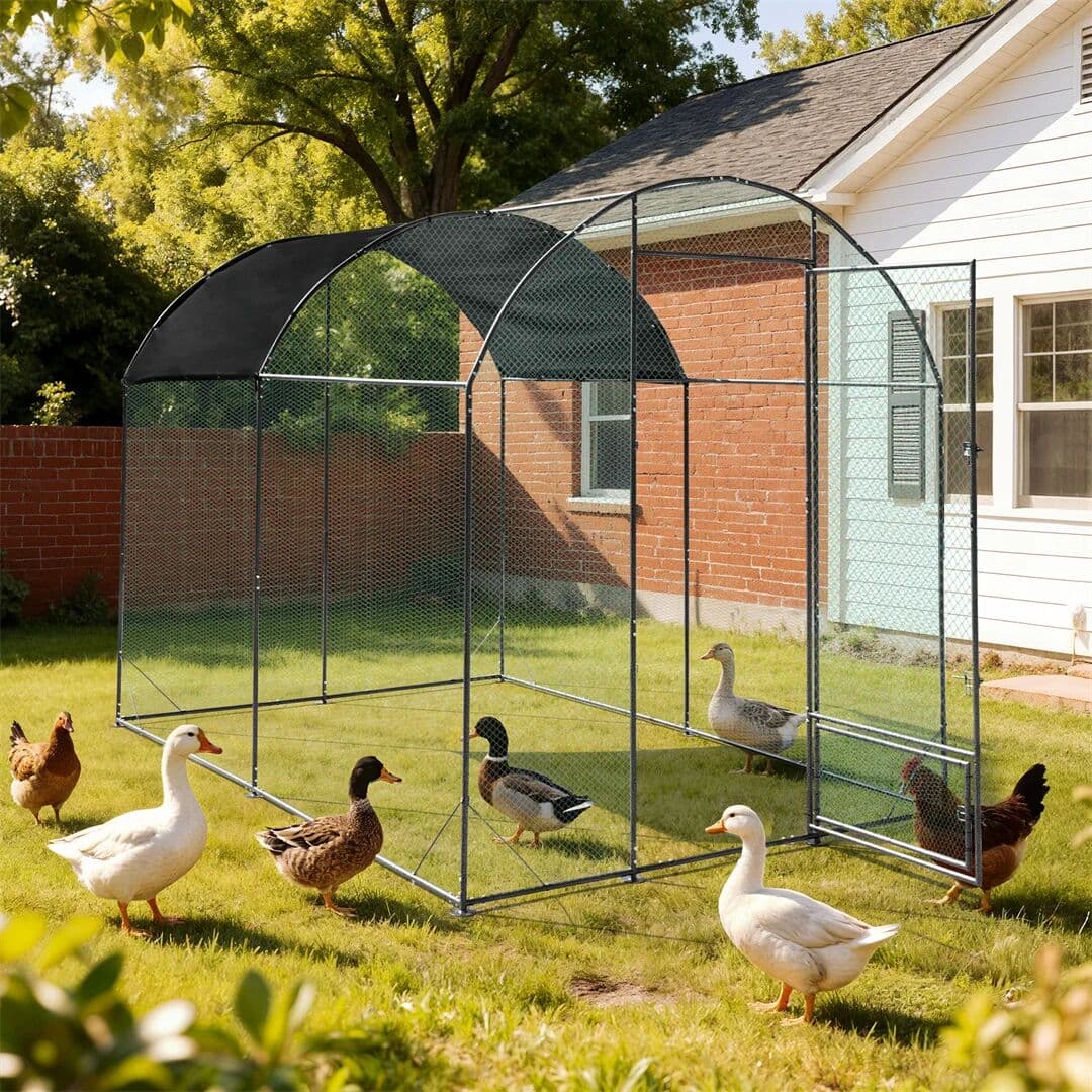 BINGOPAW Large Outdoor Metal Chicken Poultry Walk-in Cage,Enclosure Duck Run Coop with Silver Powder-Coated Tubes & Water Resistant Cover for Farm
