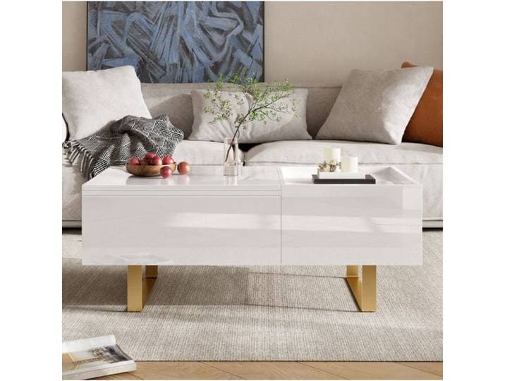 Table basse relevable rectangulaire 100 x 50 cm en MDF blanc brillant avec tiroir rangement caché et pieds dorés