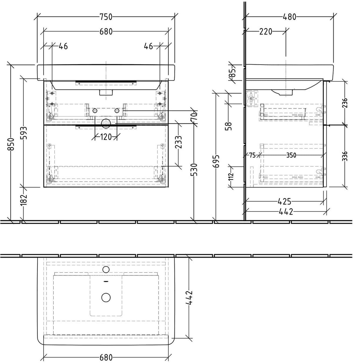 Sanipa 3way Waschtischunterbau für Keramik-Waschtisch Smyle Square 75 cm, 2 Auszüge mit Aufsatzgriff