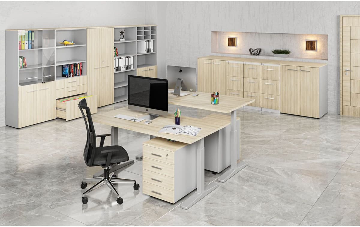B2B Partner Kombinovaná kancelárska skriňa PRIMO GRAY, dvere na 2 poschodia, 400 x 420 x 1781 mm, sivá/dub prírodný