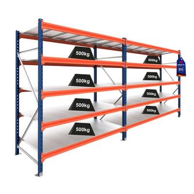PROREGAL Weitspannregal Schwerlastregal Lagerregal DOMINUS Komplettregal 2 Felder HxBxT 200x300x100cm 5 Ebenen Stahlplatte Fachlast 500 kg Blau/Orange
