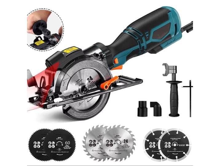 DOVAMAN Mini scie circulaire avec laser, 710 W, 3500 tr/min, poignée auxiliaire, 45 ° Coupe biseautée, profondeur de coupe 29 à 43 mm, 6 lames