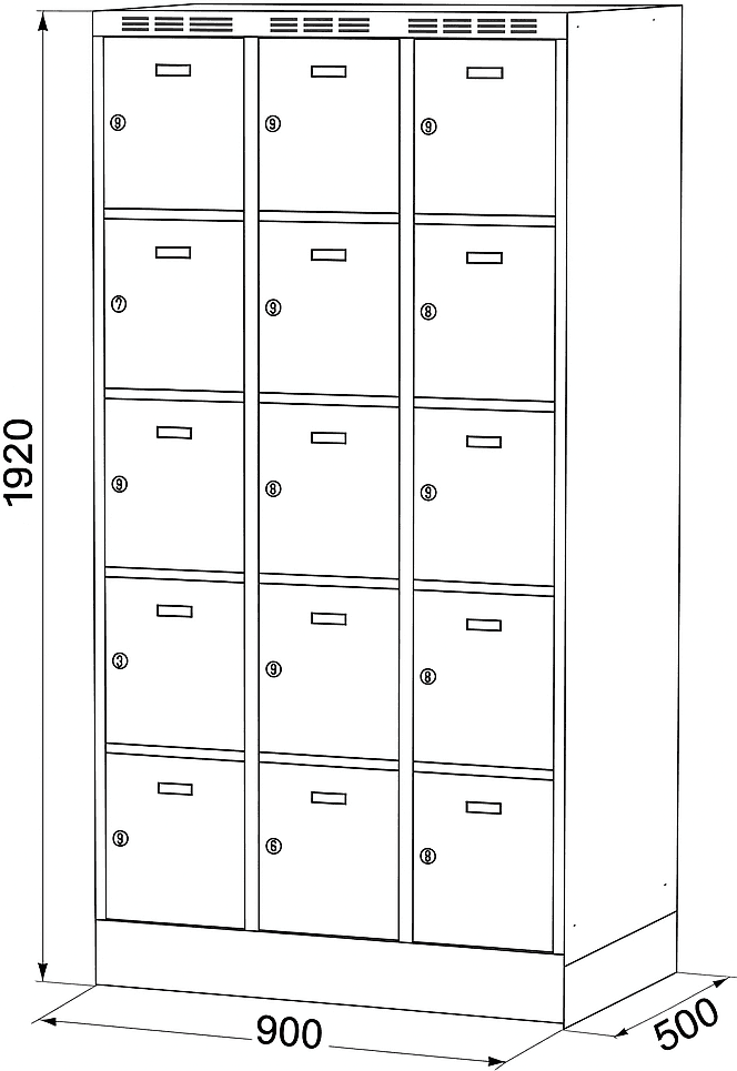 Alfa 3 Šatníková skrinka S6 na sokli s úložnými boxami, 15 boxov, 1920 x 900 x 500 mm, otočný zámok, tmavosivé dvere