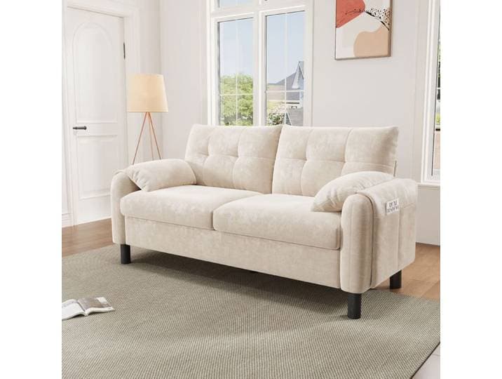 Canapé Canapé 2 places petit canapé sofa en tissu chenille avec coussins et rangement canapé pas cher style scandinave beige
