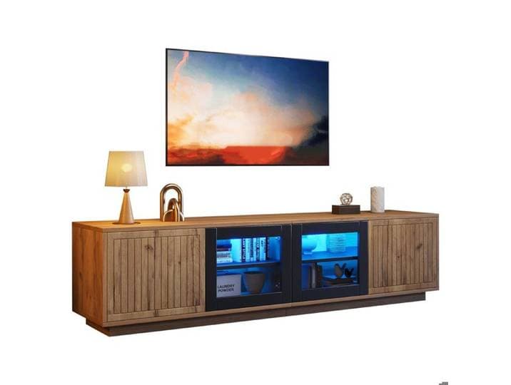Meuble TV LED Lowboard Moderne avec Porte en Verre Trempé Lowboard Design à Texture Sculptée - Style campagne naturel 180x40x45 cm