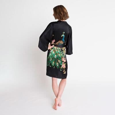 KIM + ONO Hand-Painted Silk Peacock Kimono - Short   KIM+ONO - black / one size