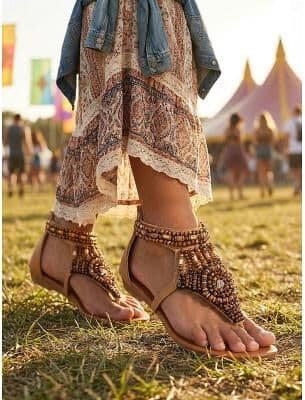 LightInthebox Women's Ethnic Beaded Thong Sandals, Intricate Tribal Embroidery, Padded Comfort Insole, Bohemian Decorative Beach Shoes for Festival Music Events and Vacations.