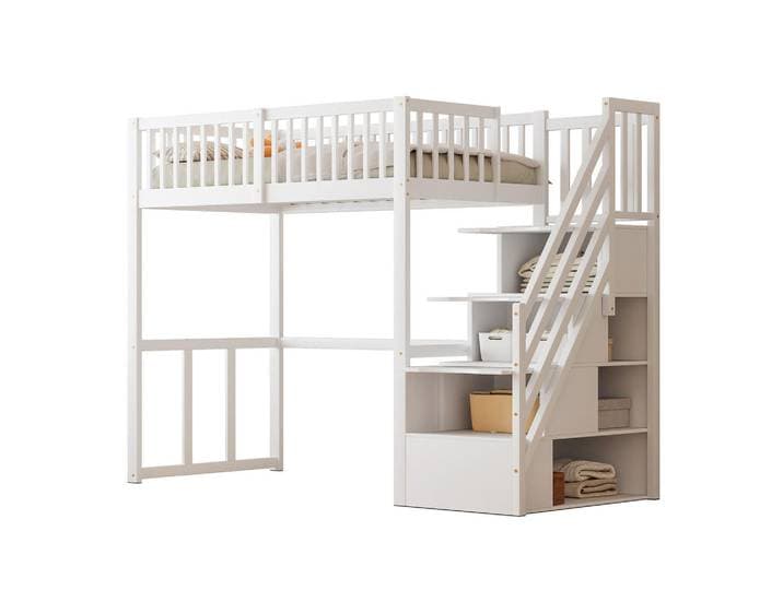 Wishdor Hochbett 90/200 cm in Weiß mit Aufbewahrungstreppe und Schreibtisch, Holz, Rechteckig, 90x200 cm, Babymöbel & Kindermöbel, Kinderzimmer & Jugendzimmer, Kinderbetten, Hochbetten