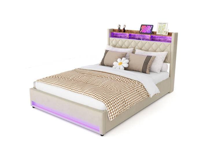 Flora Grace Polsterbett 160/200 cm Samt mit Rgb-Led, USB und Bettkasten, Beige, 160x200 cm, Schlafzimmer, Betten, Polsterbetten