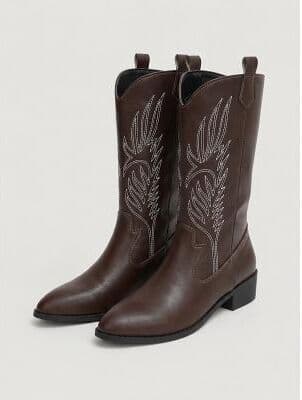LightInthebox Women's Black Embroidered Western Cowboy Mid Calf Boots, Faux Leather Vintage Stitching Low Heel Pull‑On Boots for Music Festivals, Farm Wear, Country Events and Casual Daily Styling