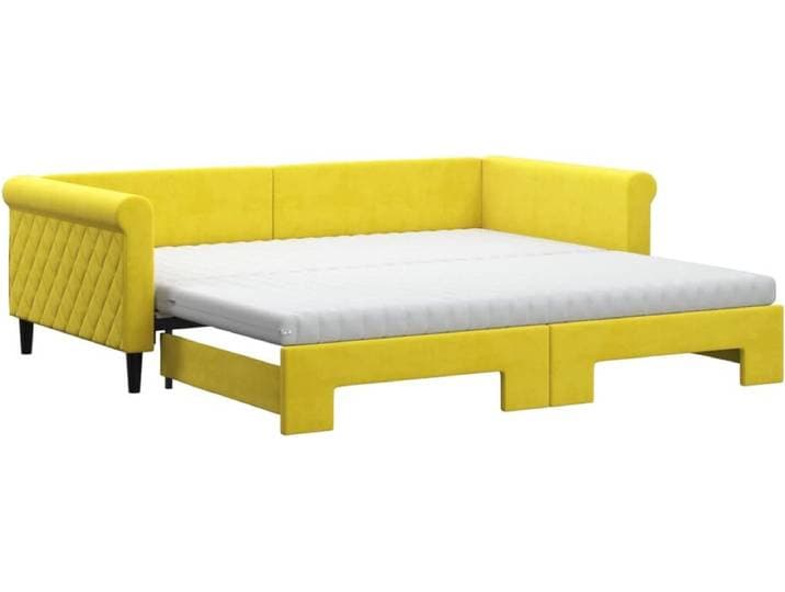 vidaXL - Slaapbank - onderschuifbed - en - matrassen - 100x200 - cm - fluweel - geel