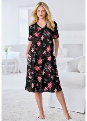 Plus Size Women's V-Neck Short Sleeve Short T-Shirt Lounger by Dreams & Co. in Black Bouquet (Size L)