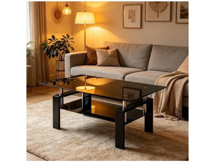 Table Basse avec verre trempé 2 niveaux Table avec cadre en métal pour Salon Chambre Petite Table de Basse Moderne 100x60x44cm Noir