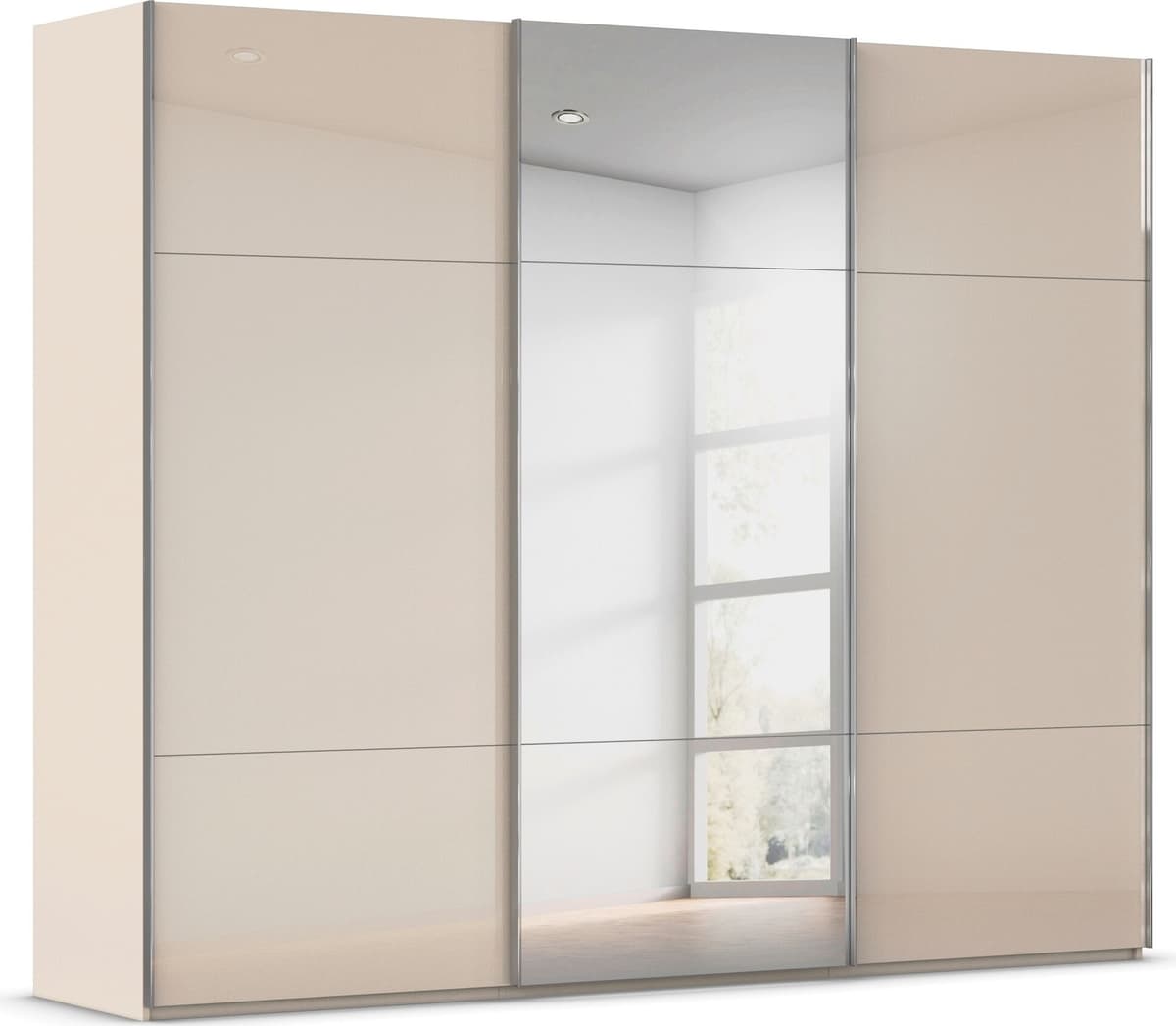 Schwebetürenschrank RAUCH "Kleiderschrank Schrank Garderobe Schlafzimmerschrank CONTIDO", beige (kaschmir, glas kaschmir (champagner)), B:271cm H:223cm T:68cm, Holzwerkstoff, Schränke, Schwebetürenschrank, aus hochwertigem Material in 6 Breiten 2 Griff-Fa