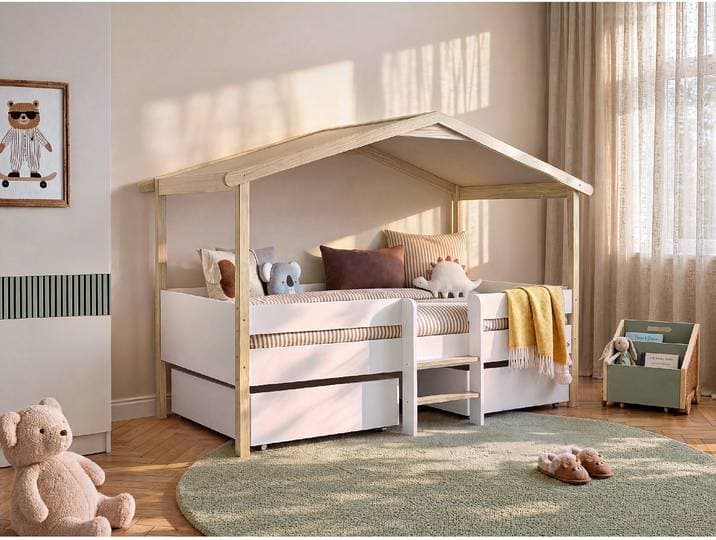 Kinderbett Hausbett mit Schubladen - Lindenholz - 90 x 190 cm - Weiß & Eichefarben - SAROSI