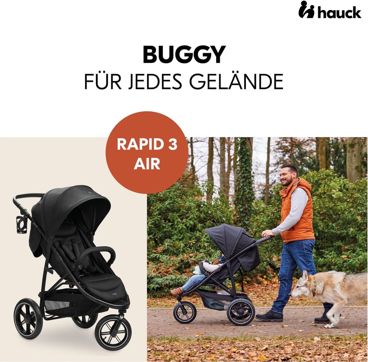 Kinder-Buggy HAUCK "Dreiradbuggy, Rapid 3 Air, black", Baby, schwarz, Kinderwagen Kinder-Buggy, mit schwenk/feststellbarem Vorderrad; Lufträder; bis 22 kg belastbar