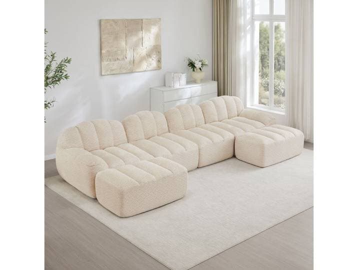 Canapé modulable en U 4 places AESVAR avec 2 ottomans sans cadre polaire granulée beige blanc