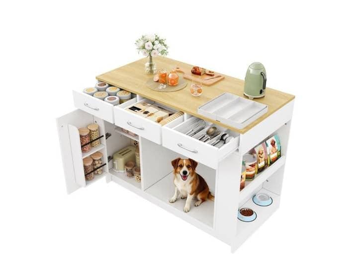 Îlot Central de Cuisine 120x60x90 cm 3 tiroirs étagère réglable niche pour animal MDF blanc