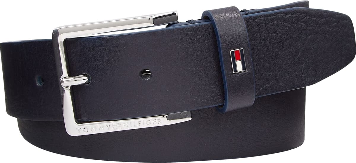 Ledergürtel TOMMY HILFIGER "Oliver", Herren, Gr. 115, blau (space blau), Leder, unifarben, Gürtel Ledergürtel, mit Kontrast-Schnalle und Logoschlaufe space blau 115