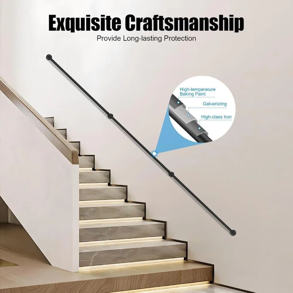 NONE 8FT Pipe Stair Handrail Metal Railing Staircase Handrails Wall Mount Non-Slip Safety Stair Rail Outdoor Indoor Industrial Pipe