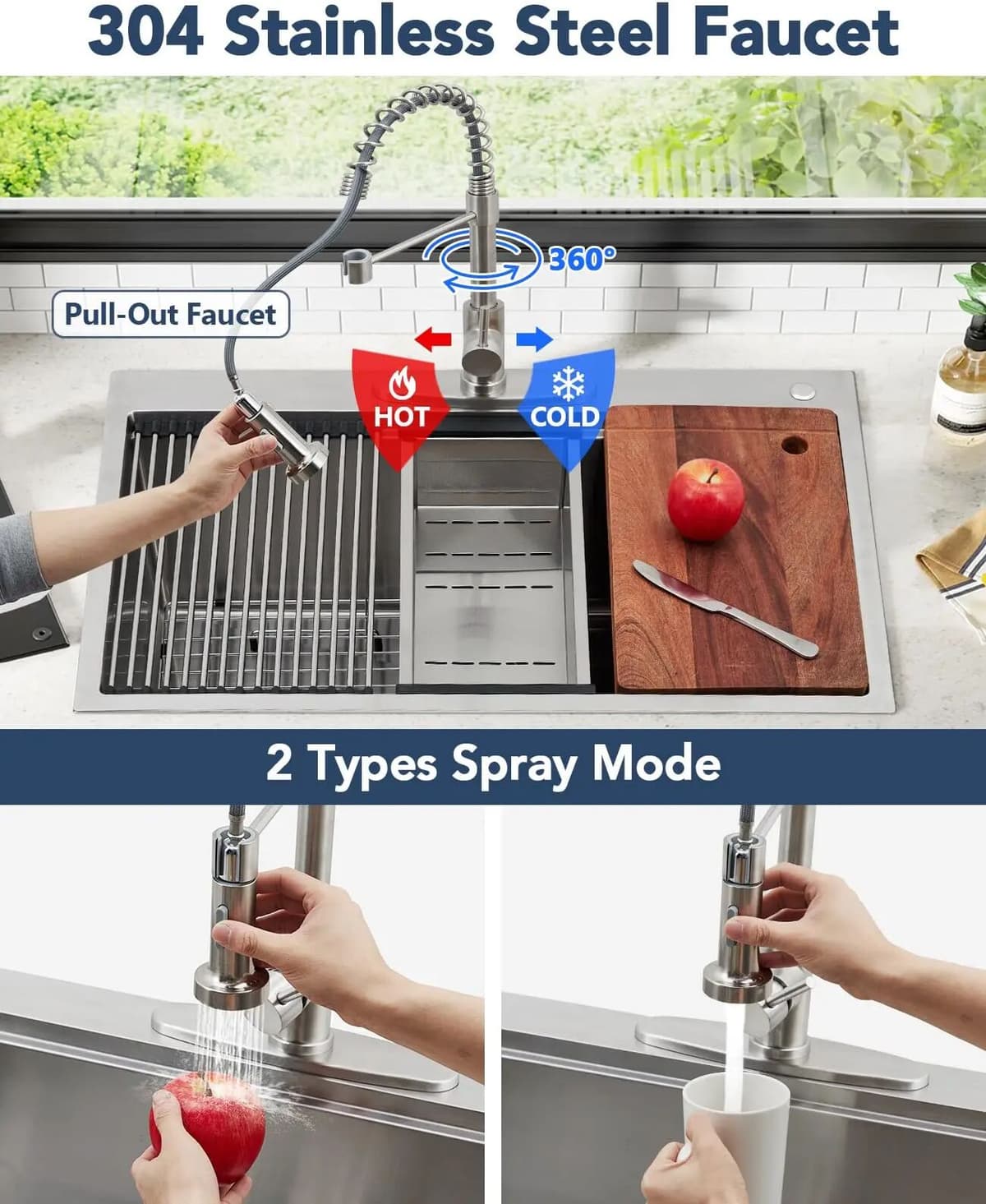 HiMISS Single Bowl Workstation Kitchen Sink Stainless Steel Deep Basin Inset Drop In Undermount Topmount With Bottom Grid Basket Strainer Modern For Bar And Kitchen