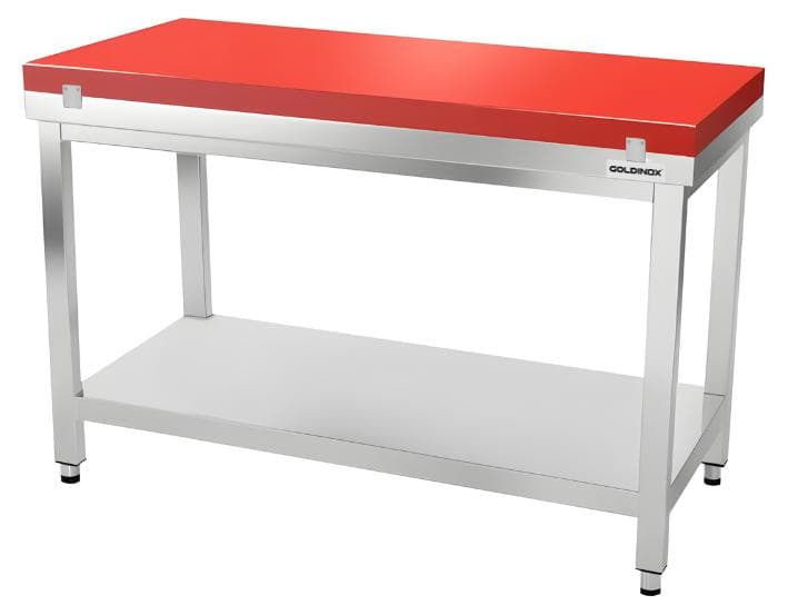Arbeitstisch aus Edelstahl, 1600 x 700 mm, mit roter PREMIUM-Schneideplatte - GOLDINOX