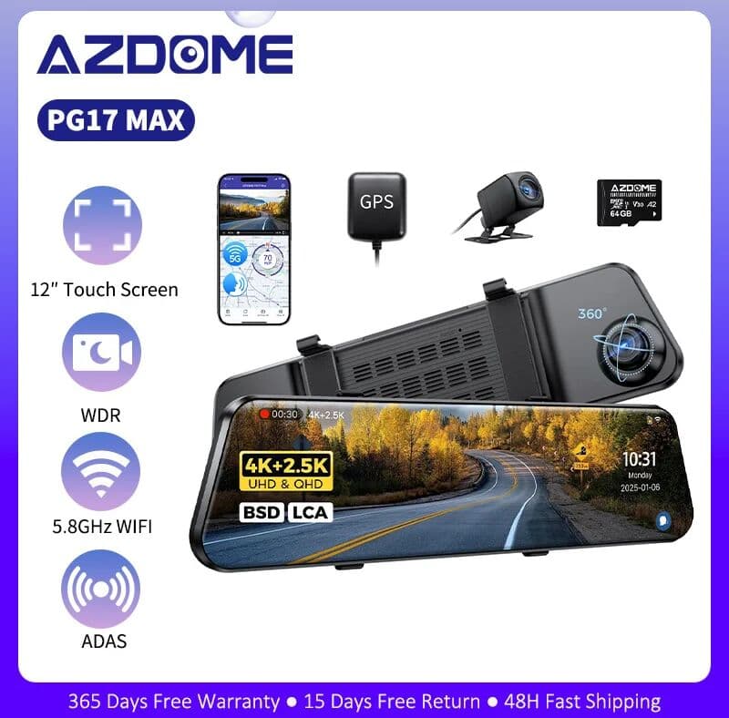 AZDOME 4K+2.5K Dash Cam PG17 MAX Dash Camera for Cars 5G WiFi ADAS Rear View Mirror Camera GPS Voice Control Parking Assistance
