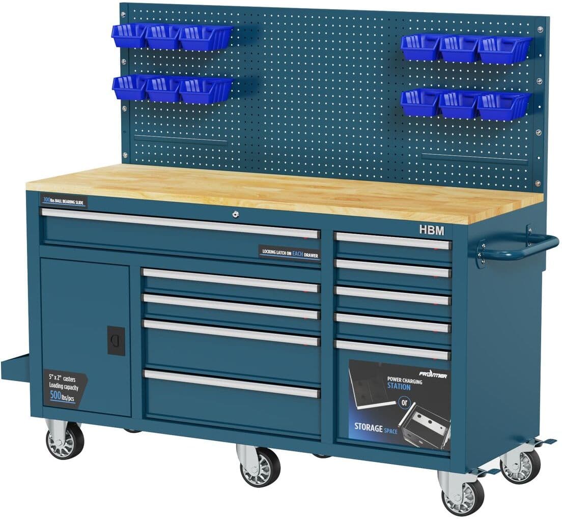 HBM werkbank 158 cm met 10 laden, deur en achterwand, blauw