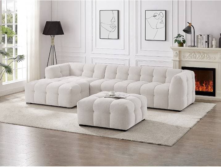 Ecksofa & Hocker - Ecke links - melierter Stoff - Beige - DILOME von Pascal Morabito