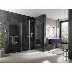HSK teilgerahmte Drehfalttür pendelbar „Exklusiv 2.0“ passend für Seitenwand Glas Nebel, Profile Schwarz-matt, Scharniere Premium Classic, B: 1000 mm H: 2000 mm