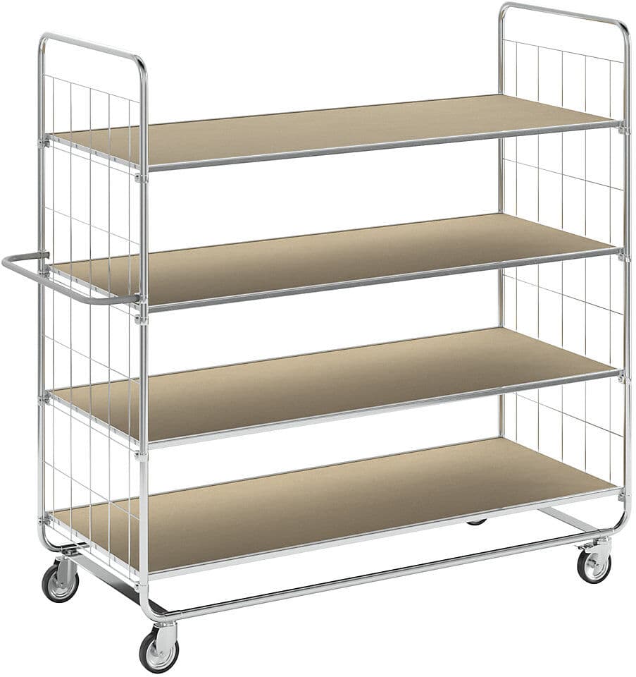 ESD-Etagenwagen, lange Ausführungen, 4 Lenkrollen, 4 Ladeflächen, LxBxH 1195 x 470 x 1120 mm, 2 mit Stopp Kongamek