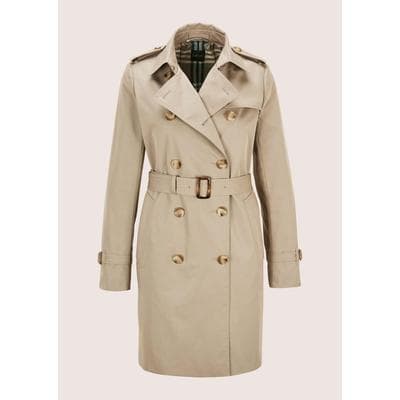Trenchcoat MADELEINE "Kurzmantel Langarm Trenchcoat mit Bindegürtel", Damen, Gr. 36, beige (berber), Obermaterial: 60% Baumwolle CO. 40% Polyester PES., Modern, Mäntel