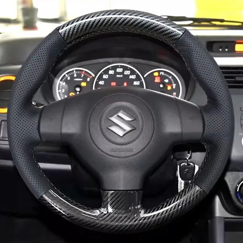 NONE For Suzuki SX4 Alto Old Swift Opel Agila Hand-Stitched Non-Slip Black Carbon Fiber Genuine Leather Car Steering Wheel Cover