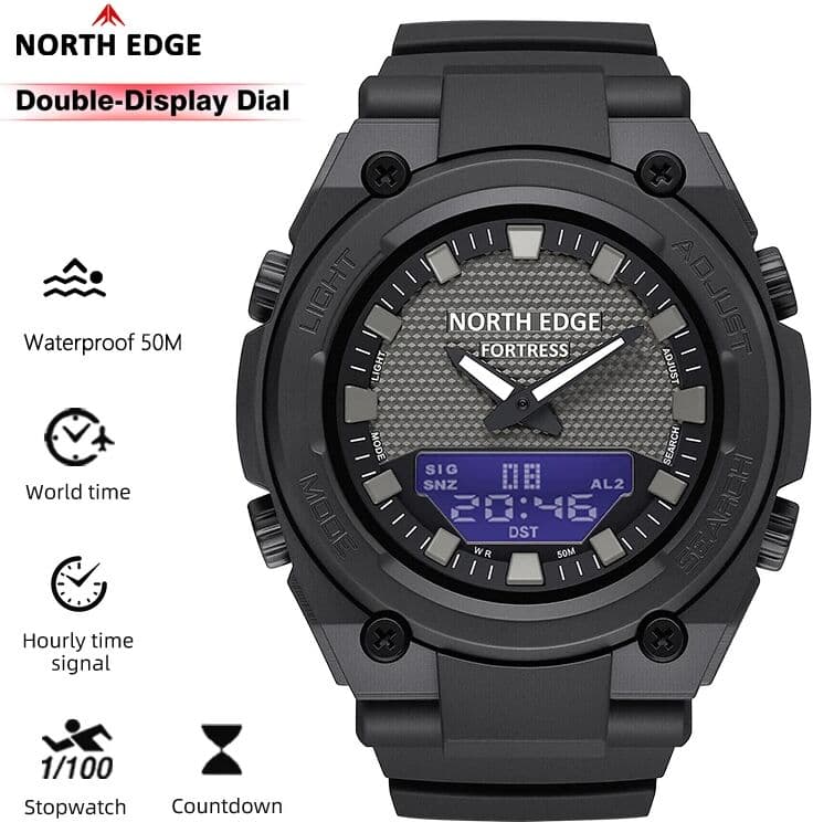 NORTH EDGE FORTRESS 2026 Men Digital Watch Outdoor Sports Waterproof 50M Watches World Time Countdown Electronic LED Wristwatch