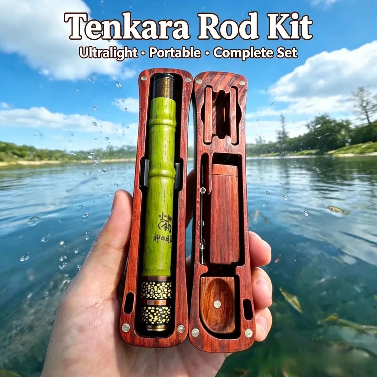 NONE Tenkara Fishing Rod with Wooden Storage Box, Ultralight Portable Short Section Stream Rod for Small Fish, Travel Fishing Kit