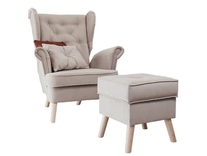 Idohome Sessel Classic mit Fußhocker und Buchenholzfüßen, Beige, Holz, 92x107x80 cm, Wohnzimmer, Sessel, Ohrensessel